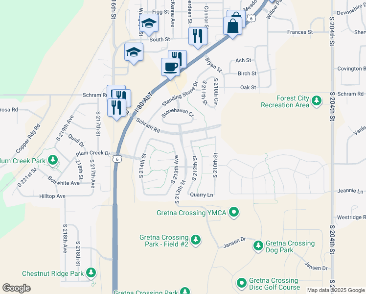 map of restaurants, bars, coffee shops, grocery stores, and more near 12010 213th Street in Gretna