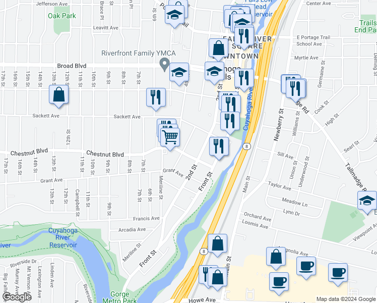 map of restaurants, bars, coffee shops, grocery stores, and more near 228 Chestnut Boulevard in Cuyahoga Falls