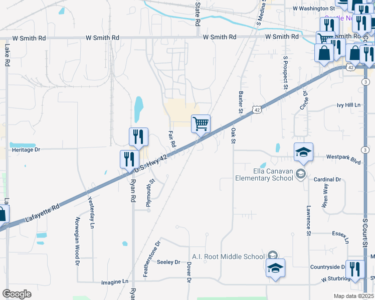 map of restaurants, bars, coffee shops, grocery stores, and more near 704 Lafayette Road in Medina