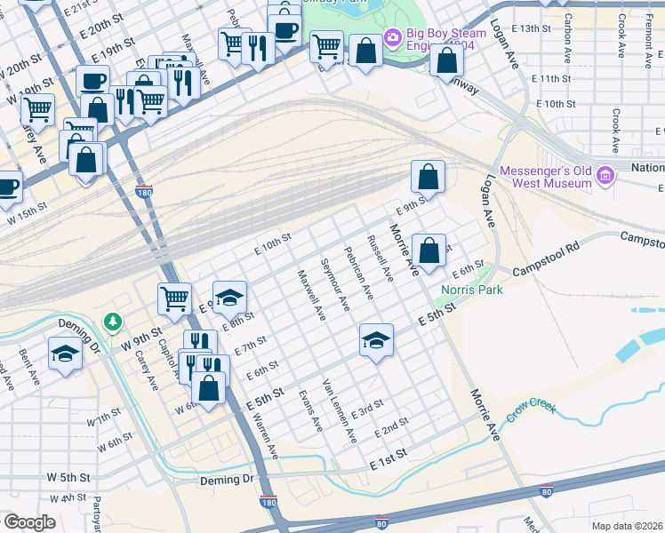 map of restaurants, bars, coffee shops, grocery stores, and more near 606 East 8th Street in Cheyenne