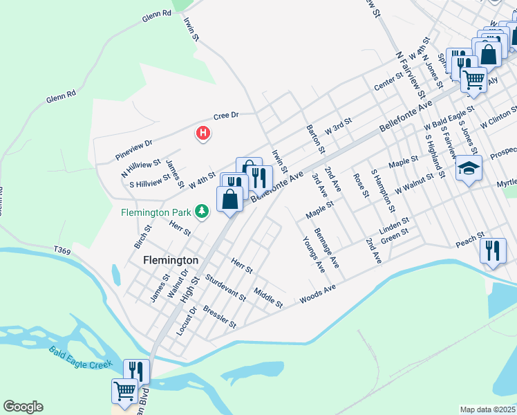 map of restaurants, bars, coffee shops, grocery stores, and more near 639 Frederick Street in Lock Haven