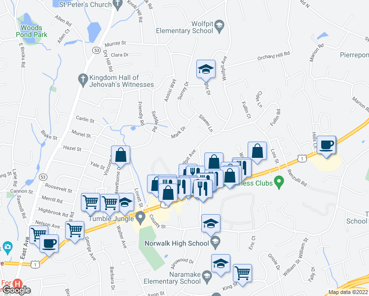 map of restaurants, bars, coffee shops, grocery stores, and more near 69 Wolfpit Avenue in Norwalk