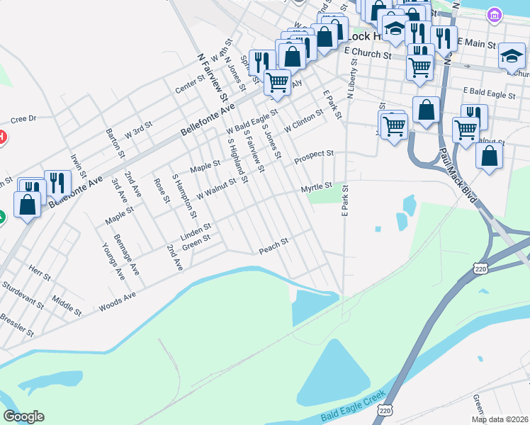 map of restaurants, bars, coffee shops, grocery stores, and more near 425 South Highland Street in Lock Haven