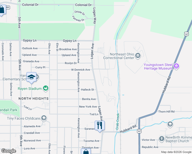 map of restaurants, bars, coffee shops, grocery stores, and more near 2135 Logan Avenue in Youngstown