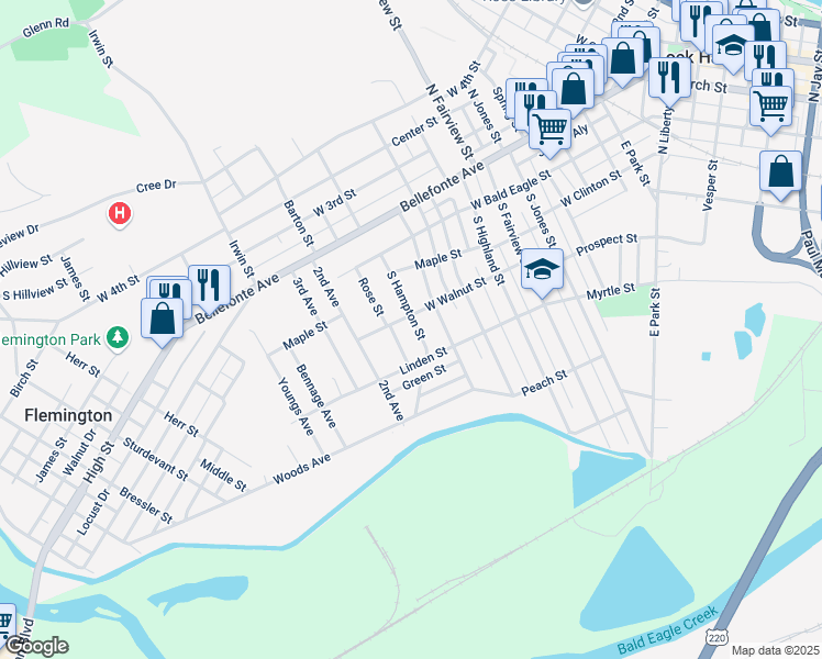 map of restaurants, bars, coffee shops, grocery stores, and more near 308 1st Avenue in Lock Haven