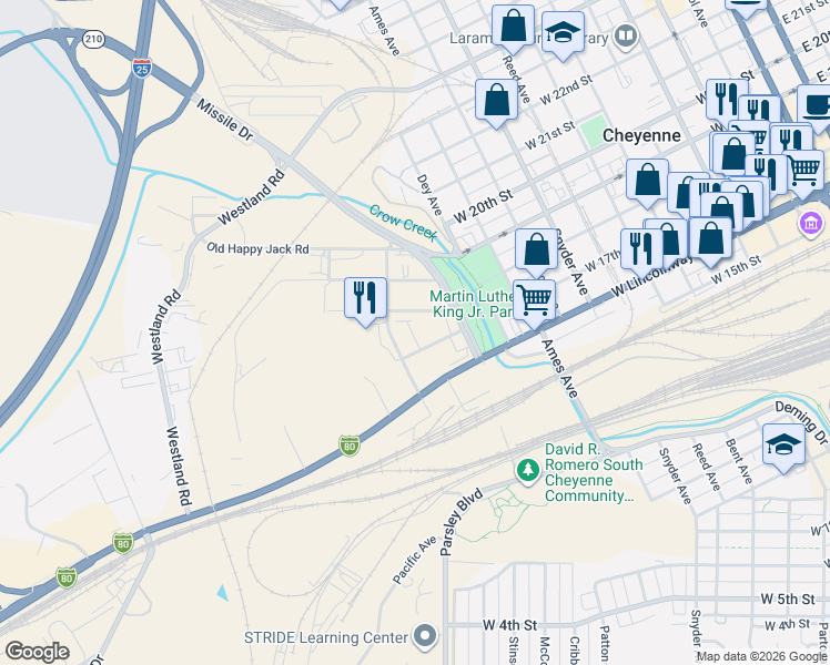 map of restaurants, bars, coffee shops, grocery stores, and more near 1322 West 17th Street in Cheyenne