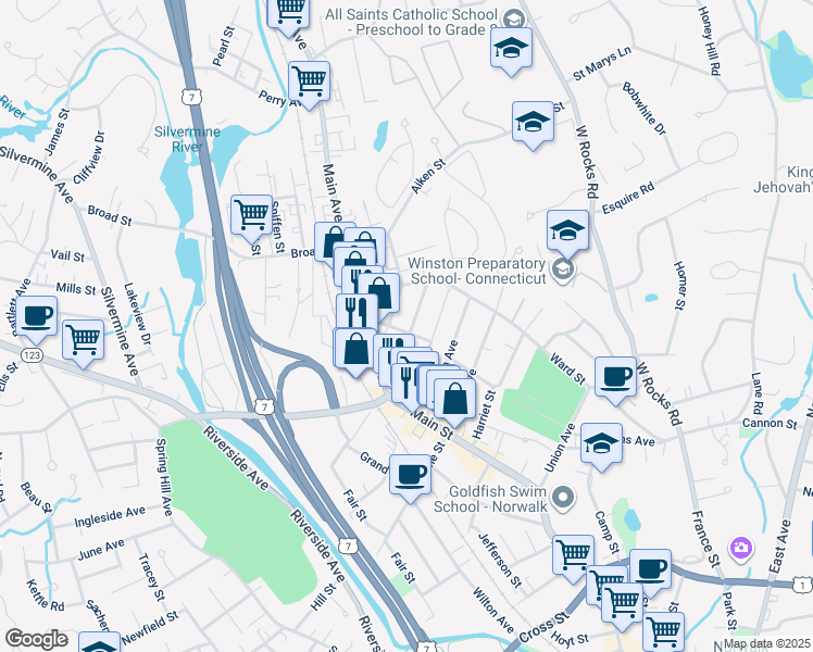 map of restaurants, bars, coffee shops, grocery stores, and more near 20 Hudson Street in Norwalk