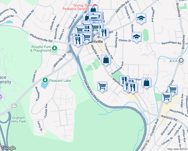 map of restaurants, bars, coffee shops, grocery stores, and more near 1 Village Lane in Pleasantville