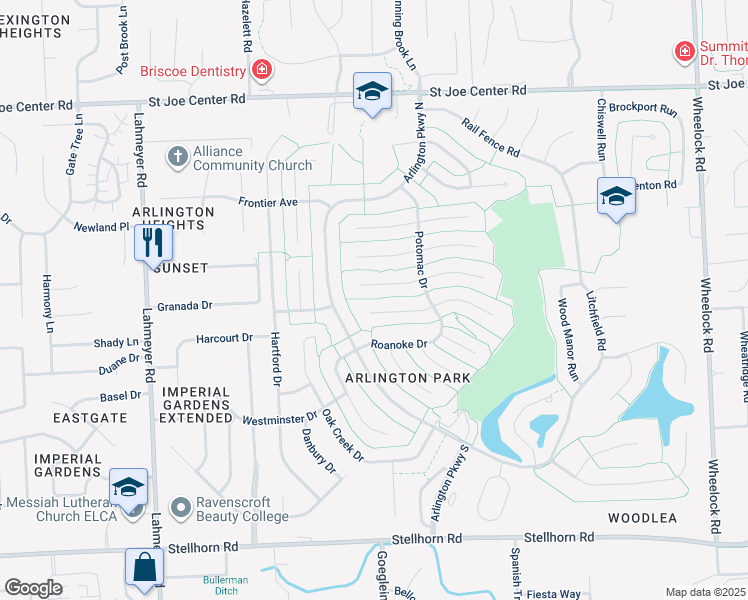 map of restaurants, bars, coffee shops, grocery stores, and more near 8112 Quincy Court in Fort Wayne