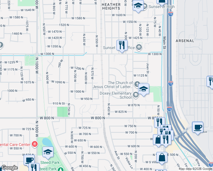 map of restaurants, bars, coffee shops, grocery stores, and more near 1017 North 450 West in Sunset