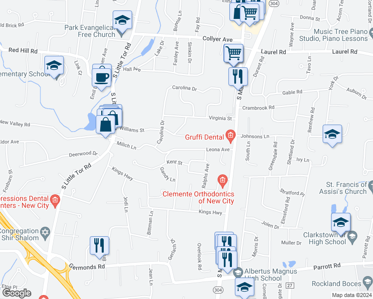 map of restaurants, bars, coffee shops, grocery stores, and more near Leona Avenue in New City