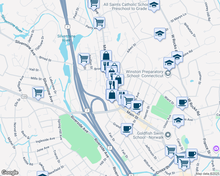 map of restaurants, bars, coffee shops, grocery stores, and more near 5 Van Tassell Court in Norwalk