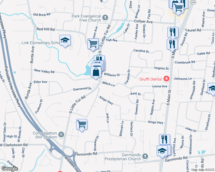 map of restaurants, bars, coffee shops, grocery stores, and more near 25 Kent Street in New City