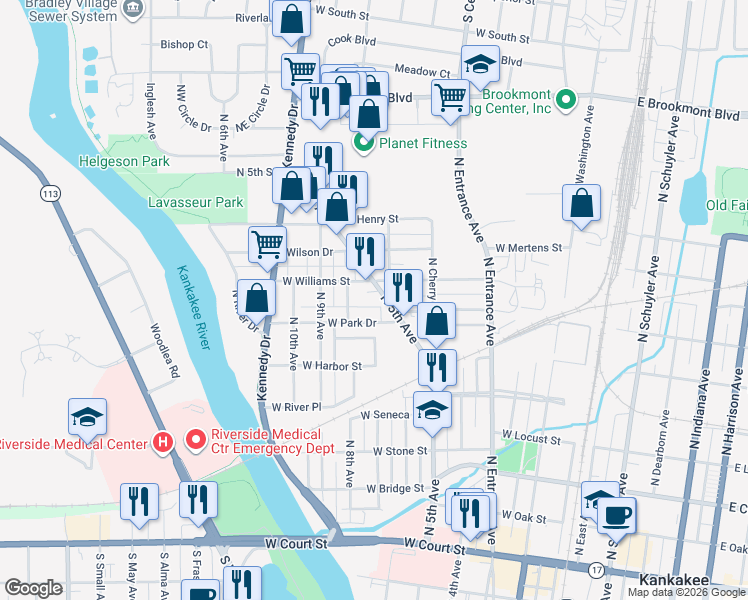 map of restaurants, bars, coffee shops, grocery stores, and more near 682 Park Place in Kankakee