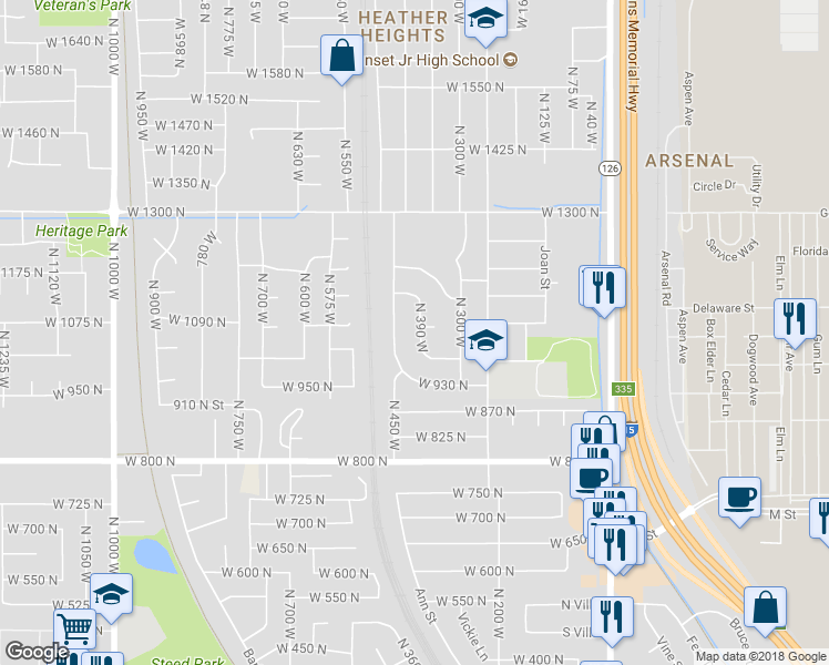 map of restaurants, bars, coffee shops, grocery stores, and more near 1045 North 390 West in Sunset