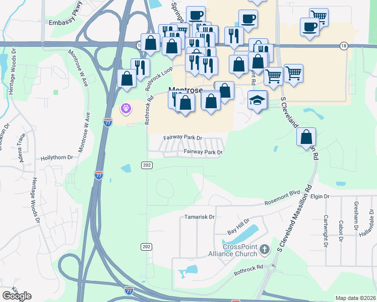 map of restaurants, bars, coffee shops, grocery stores, and more near 3826 Fairway Park Drive in Copley