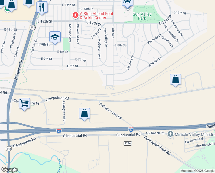 map of restaurants, bars, coffee shops, grocery stores, and more near 212 Savannah Dr in Cheyenne