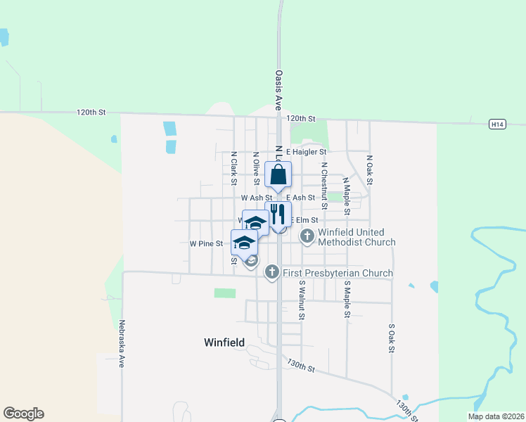 map of restaurants, bars, coffee shops, grocery stores, and more near 110 South Locust Street in Winfield