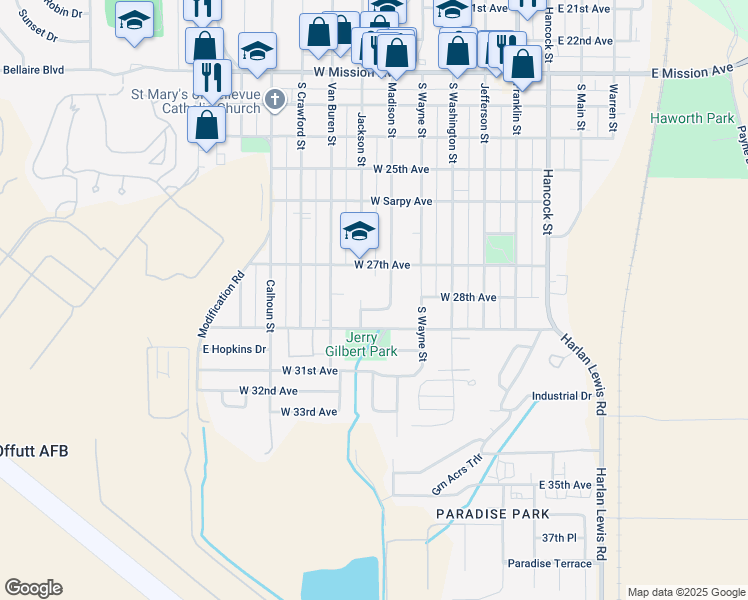map of restaurants, bars, coffee shops, grocery stores, and more near 506 Beaman Drive in Bellevue