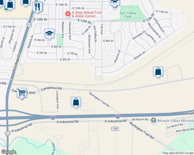 map of restaurants, bars, coffee shops, grocery stores, and more near 212 Savannah Dr in Cheyenne