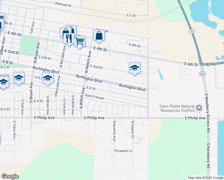 map of restaurants, bars, coffee shops, grocery stores, and more near 1801-2419 East E Street in North Platte