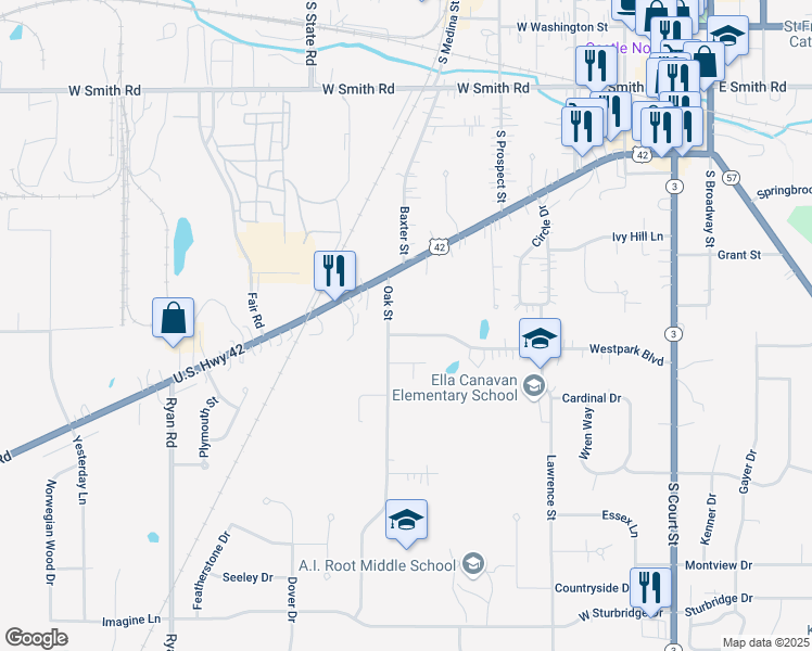 map of restaurants, bars, coffee shops, grocery stores, and more near 512 Westpark Boulevard in Medina