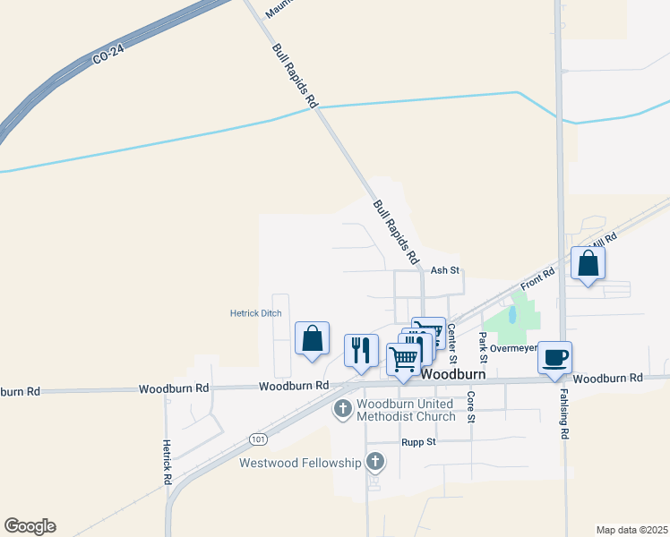 map of restaurants, bars, coffee shops, grocery stores, and more near 22003 Ash Street in Woodburn