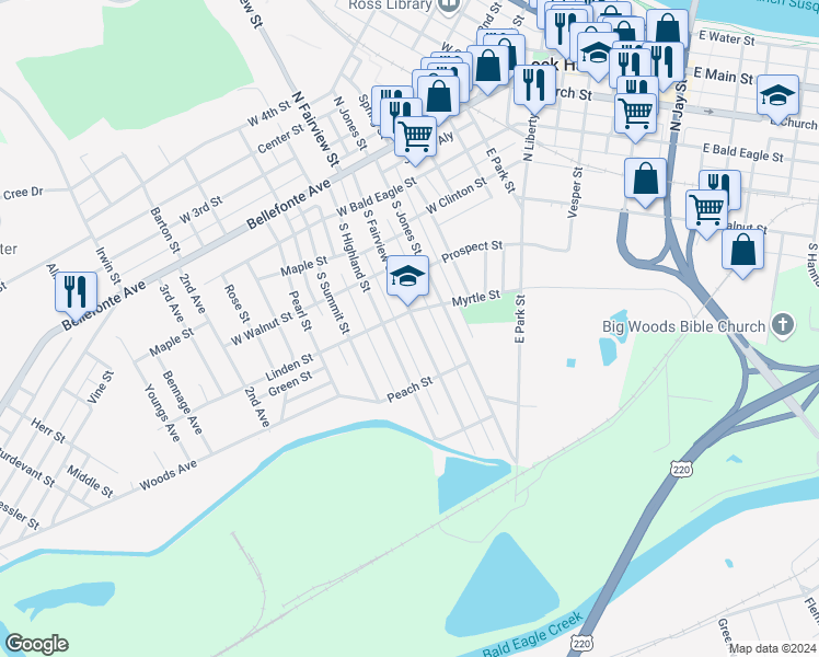 map of restaurants, bars, coffee shops, grocery stores, and more near 447 South Fairview Street in Lock Haven