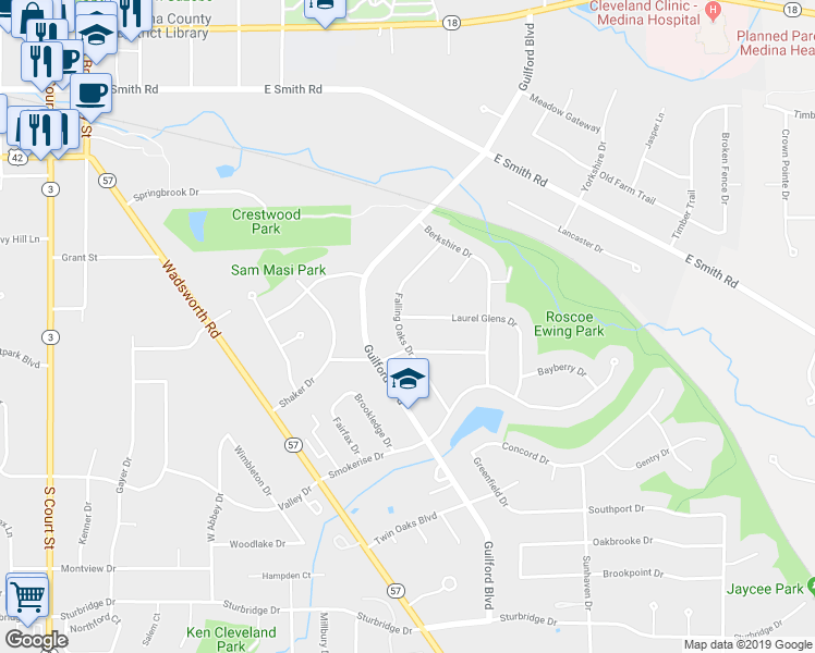 map of restaurants, bars, coffee shops, grocery stores, and more near 650 Falling Oaks Drive in Medina