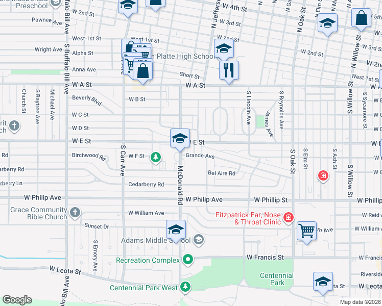 map of restaurants, bars, coffee shops, grocery stores, and more near 613 Spruce Street in North Platte