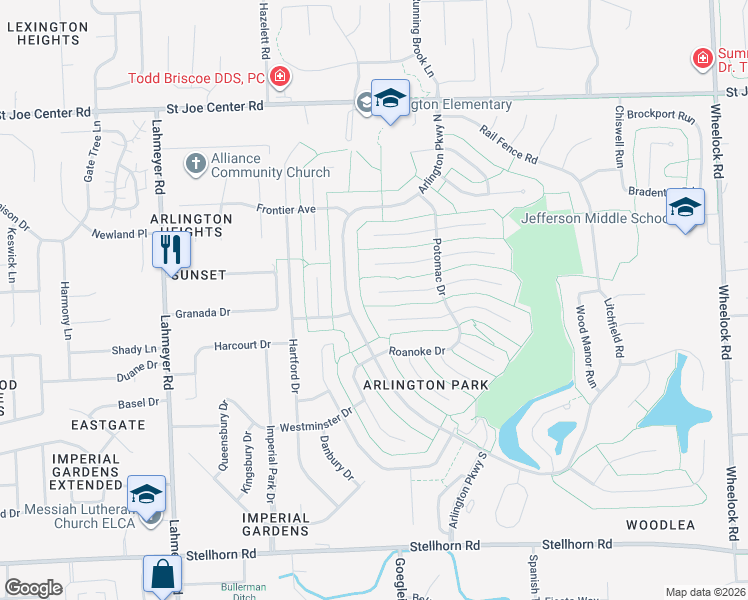map of restaurants, bars, coffee shops, grocery stores, and more near 8112 Quincy Court in Fort Wayne