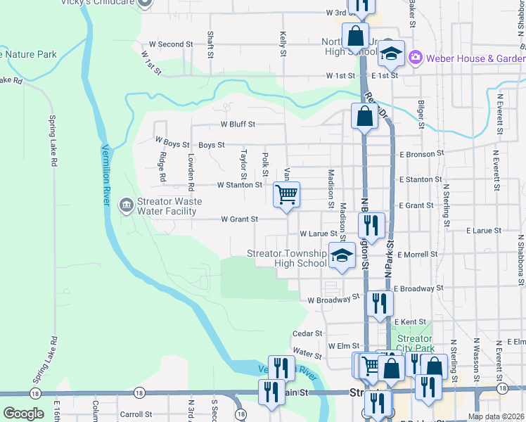 map of restaurants, bars, coffee shops, grocery stores, and more near 417 West Grant Street in Streator