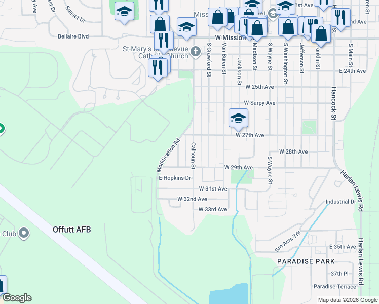 map of restaurants, bars, coffee shops, grocery stores, and more near 2809 Calhoun Street in Bellevue