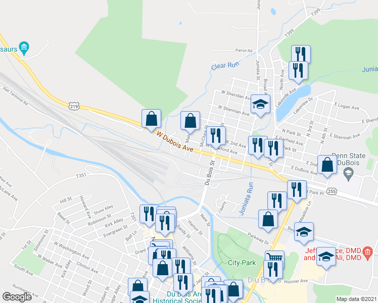 map of restaurants, bars, coffee shops, grocery stores, and more near 439 West Dubois Avenue in DuBois
