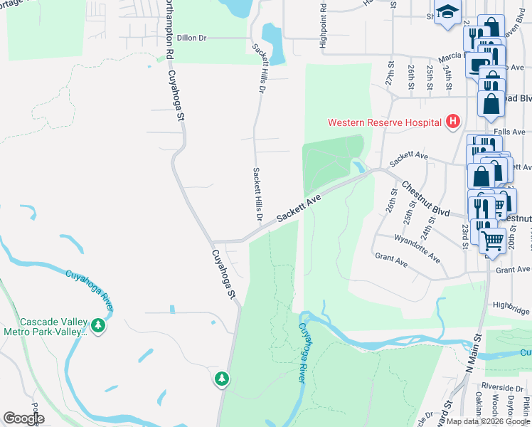 map of restaurants, bars, coffee shops, grocery stores, and more near 1365 Sackett Hills Drive in Akron