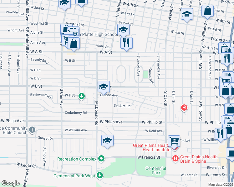 map of restaurants, bars, coffee shops, grocery stores, and more near 1215 Grande Avenue in North Platte