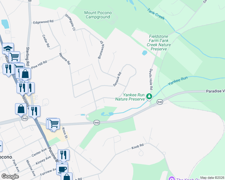 map of restaurants, bars, coffee shops, grocery stores, and more near 38 Holly Forest Road in Mount Pocono