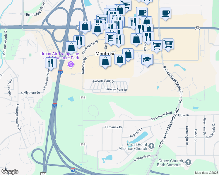 map of restaurants, bars, coffee shops, grocery stores, and more near 3826 Fairway Park Drive in Akron