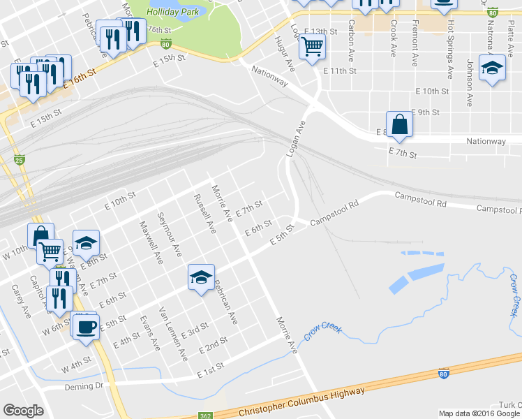 map of restaurants, bars, coffee shops, grocery stores, and more near 1111 East 8th Street in Cheyenne