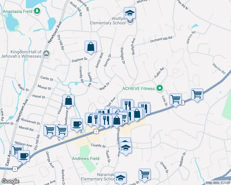 map of restaurants, bars, coffee shops, grocery stores, and more near 21 Mark Drive in Norwalk