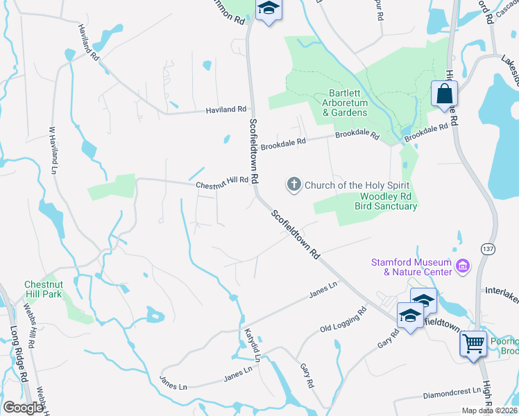 map of restaurants, bars, coffee shops, grocery stores, and more near 422 Scofieldtown Road in Stamford