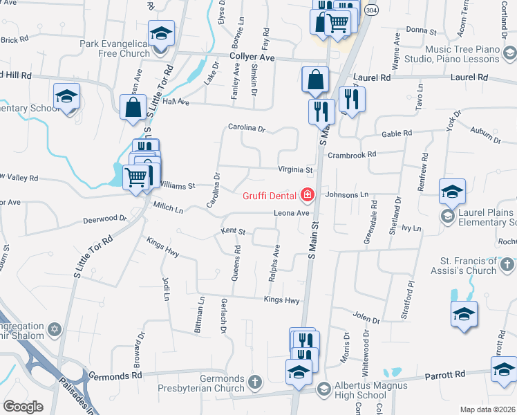 map of restaurants, bars, coffee shops, grocery stores, and more near 5 Glenn Lane in New City