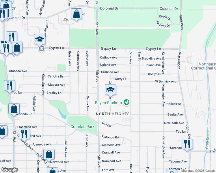 map of restaurants, bars, coffee shops, grocery stores, and more near 2220 Cordova Avenue in Youngstown