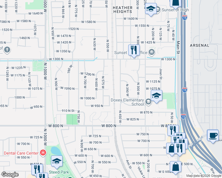 map of restaurants, bars, coffee shops, grocery stores, and more near 522 West 1060 North in Clinton