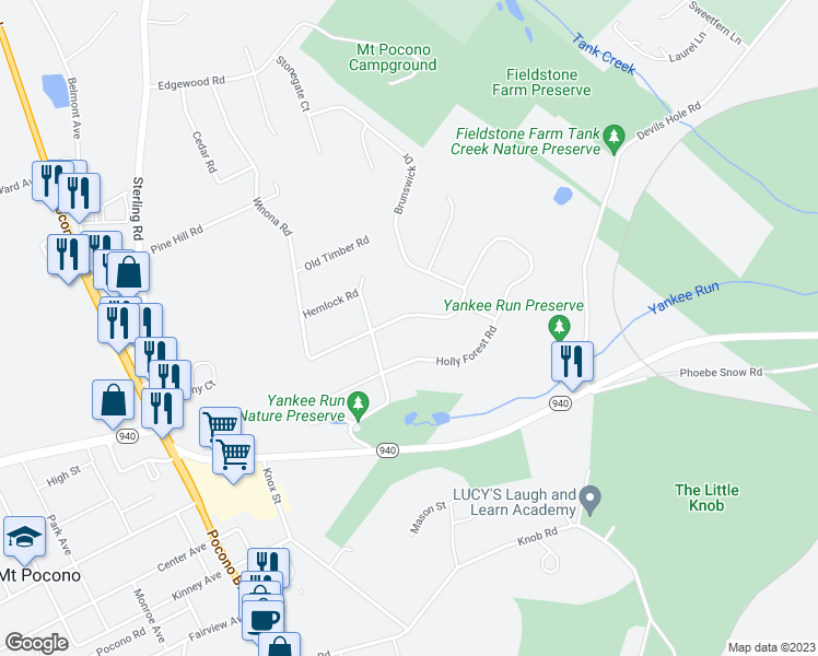 map of restaurants, bars, coffee shops, grocery stores, and more near 26 Seneca Road in Mount Pocono