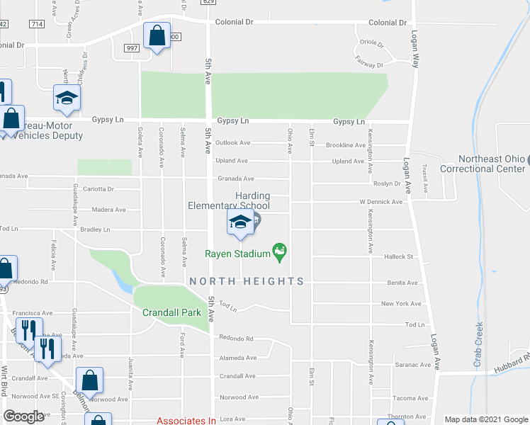 map of restaurants, bars, coffee shops, grocery stores, and more near 243 West Dennick Avenue in Youngstown