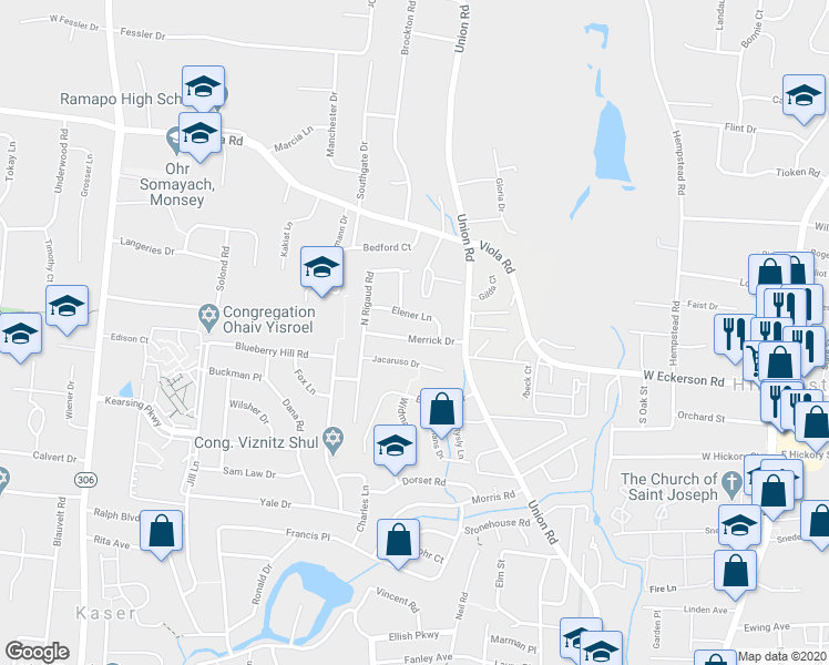 map of restaurants, bars, coffee shops, grocery stores, and more near 9 Merrick Drive in Spring Valley