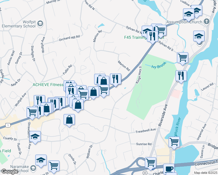 map of restaurants, bars, coffee shops, grocery stores, and more near 17 Hills Lane in Westport