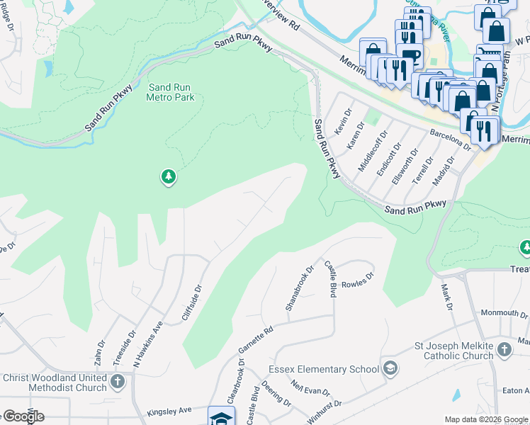 map of restaurants, bars, coffee shops, grocery stores, and more near 1538 Bonita Drive in Akron