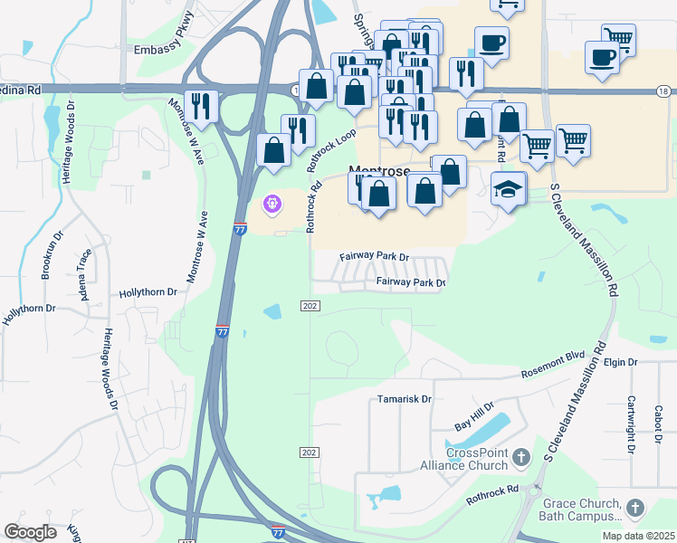 map of restaurants, bars, coffee shops, grocery stores, and more near 3800 Fairway Park Drive in Akron